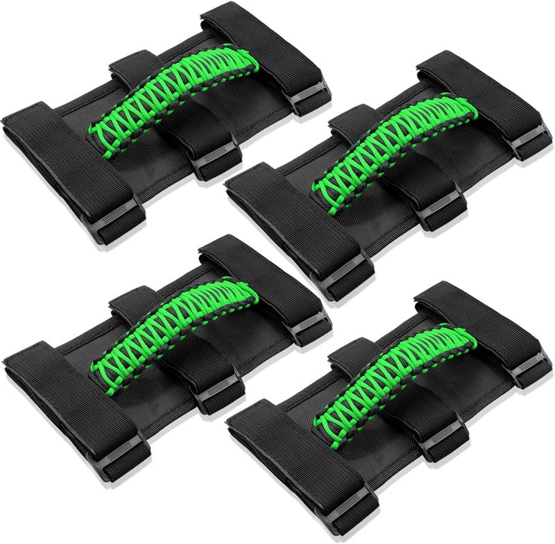 Kujunpao 4 X Roll Bar Grab Handles Grip Handle Compatible with Jeep Wrangler JLU JK JKU TJ YJ LJ JT JL & Gladiator JT 1987-2021 UTV & ATV, Fits 1.5 to 3 Inch Bars 3 Straps Woven Holder(Green - Image 1